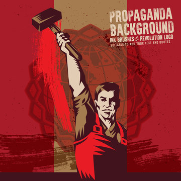 Vintage Revolution Poster. Propaganda Background Style Revolution raising The Sledgehammer.