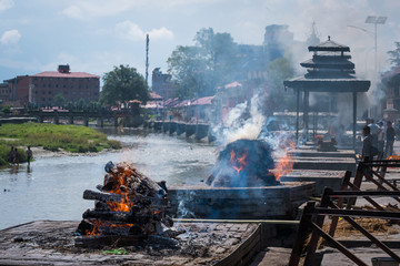 Cremation ceremony at Pashupatinath temple on the Bagmati River.