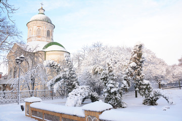 Old greek orthodox church of st john the theologian  coverd snow in winter in Nizhyn, Ukraine.