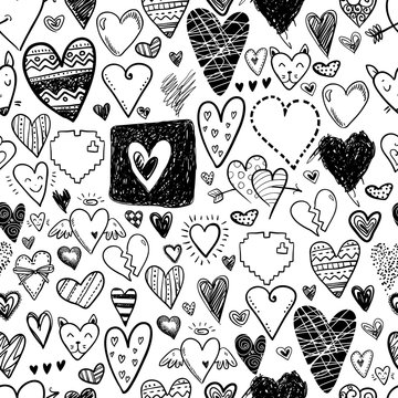 Funny doodle hearts icons seamless pattern. Hand drawn Valentine