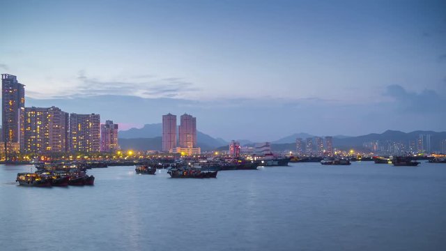 twilight sunset zhuhai city dock port coastline panorama 4k timelapse china

