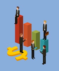different businessman standing on bar charts their financial status isometric vector illustration