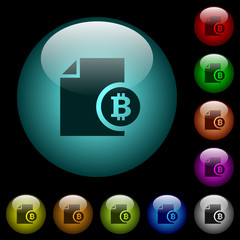 Bitcoin financial report icons in color illuminated glass buttons