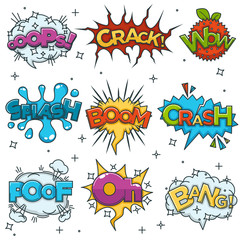Comic boom, bang wow speech bubble cloud explode cartoon vector icons