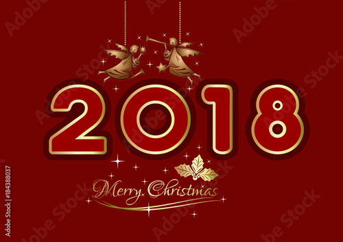 &quot;Merry Christmas 2018 design. Gold christmas angels on red background