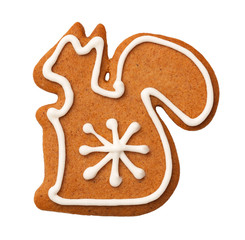 Gingerbread Squirrel Cookie Isolated on White Background.