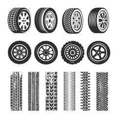 Car tires and track traces vector isolated icons of tire tread pattern - obrazy, fototapety, plakaty