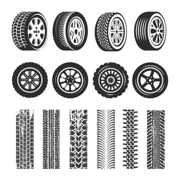 Car tires and track traces vector isolated icons of tire tread pattern