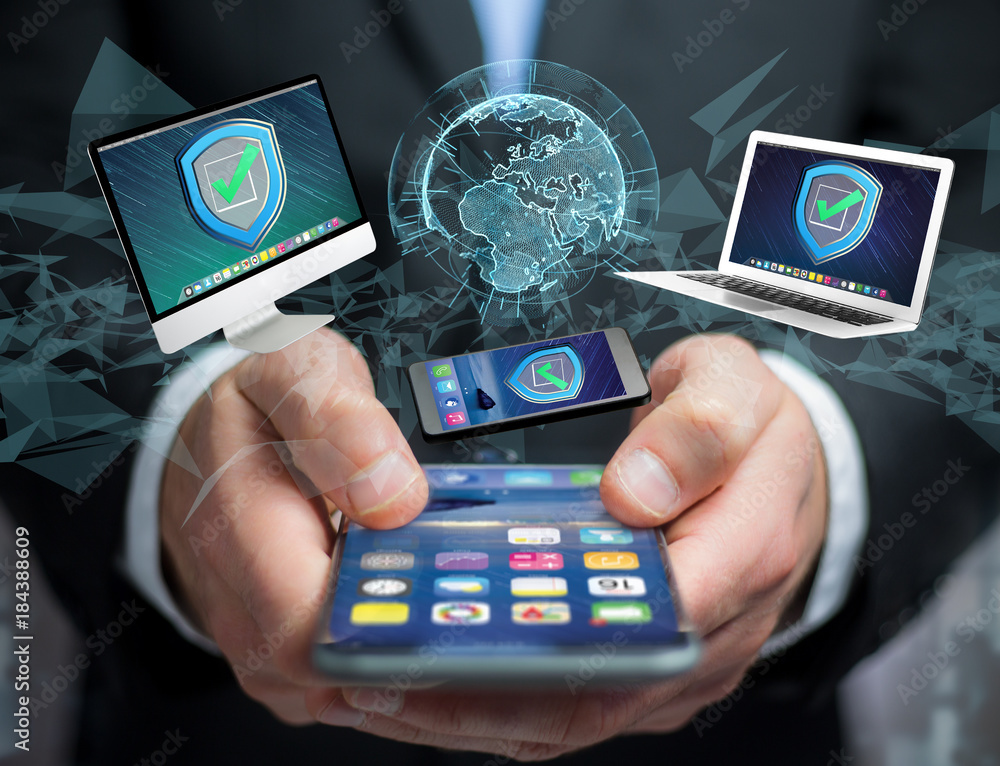 Fototapete security shield symbol over a network connection of different devices - technology concept 3d render