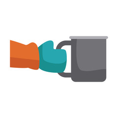 Hand with winter glove holding a mug