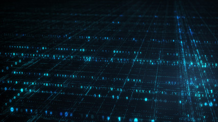 Blue sci-fi grid of digital binary code information technology concept