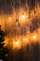 Christmas tree background, bright hanging lamp, New year.