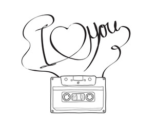 Compact Cassette or Musicassette and  hand drawn i love you , cassette tape, audio cassette with analog magnetic tape vector illustration line art