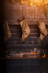 Fototapeta na wymiar Christmas socks by the fireplace