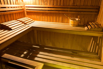 Fototapeta na wymiar Interior of a wooden bed in a home sauna