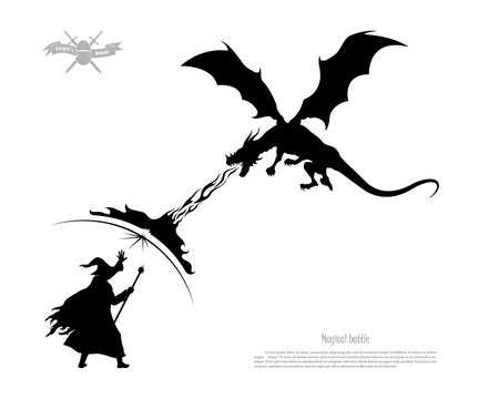 Black silhouette of battle of wizard with dragon on white background. The monster breathes fire on the magician. Isolated image of fantasy magic fight. Vector illustration