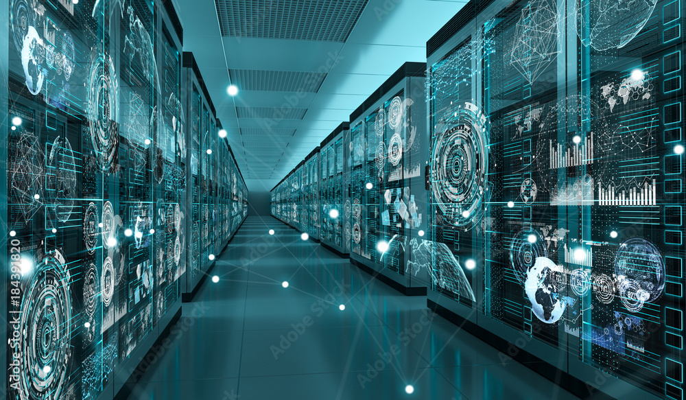 Poster Graph holograms flying over server room data center 3D rendering