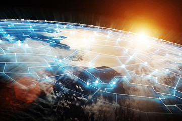 Connections system and datas exchanges on planet Earth 3D rendering