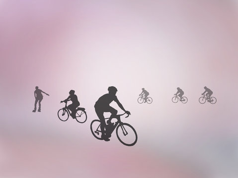 Silhouettes of bicyclists and rollerskater on pastel vintage pink color background, illustration.