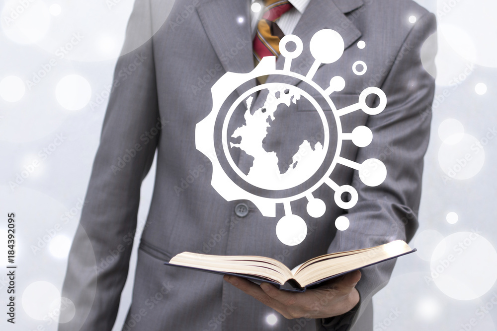 Poster world tech modern education business science concept. studend or scientist offers book with globe ea