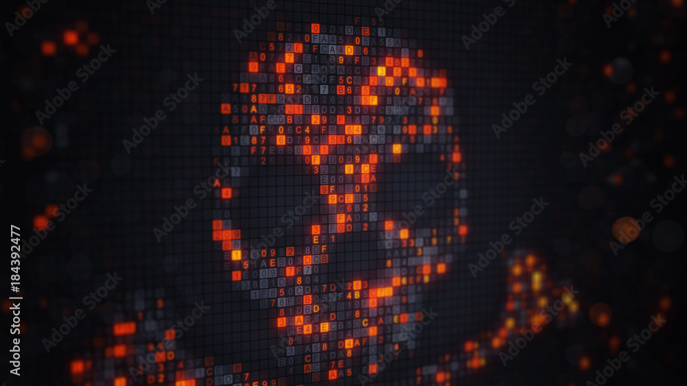 Poster orange skull shape of digital hex code and bokeh