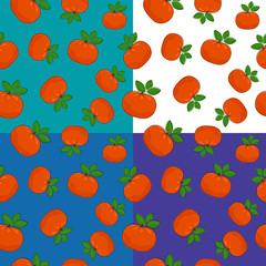 Set of four Seamless Fruit Citrus Patterns ,Tropical Fruit Mandarin on White Green Purple and Blue Background, Vector Illustration