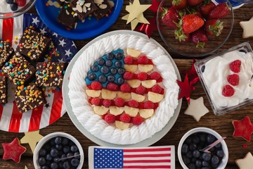 Fruitcake and various sweet foods arranged on wooden table