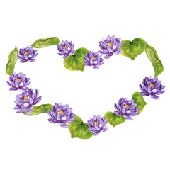 Heart frame of lilac lotus flowers, buds and leaves isolated on white background. Hand drawn watercolor illustration.