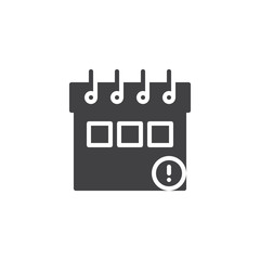 Calendar with exclamation mark icon vector, filled flat sign, solid pictogram isolated on white. Deadline day calendar page symbol, logo illustration.