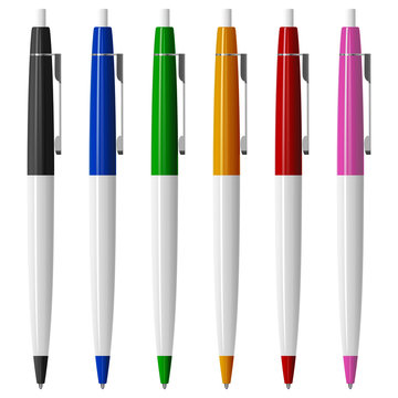 Набор из шести разноцветных шариковых ручек с кнопками и металлическими зажимами, векторная иллюстрация на белом фоне