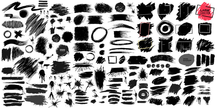 Collection of black paint, ink brush strokes, brushes, lines. Dirty artistic design elements. Vector illustration. Isolated on white background_j