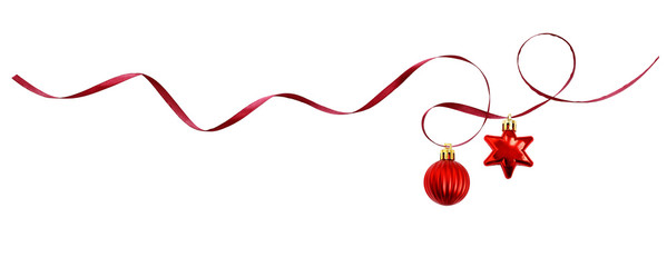Red silk ribbon and Christmas decorations