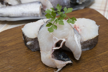 raw sliced hake fish