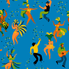 Brazil carnival. Seamless pattern with funny dancing men and women in bright costumes.