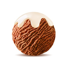 chocolate ice cream with scoop vanilla sauce, white syrup topping on brown cocoa ice-cream ball