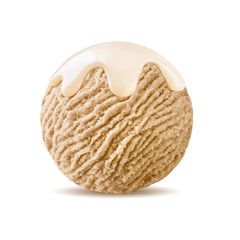 coffee ice cream scoop  with vanilla sauce, white syrup topping on coffee cappuccino ice-cream ball