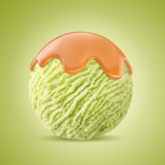 pistachio ice cream scoop toffee sauce, caramel syrup topping  on green pistachio kiwi sorbet ice-cream ball