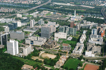 Aerial view of industrial Frankfurt am Main, Germany.