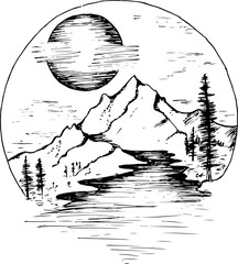 Illustration of fir, moon, clouds and river.