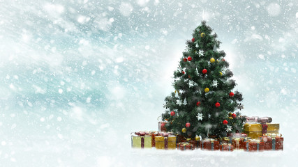 Fototapeta na wymiar Beautiful decorated christmas tree with red and golden present boxes in a snowy winter landscape