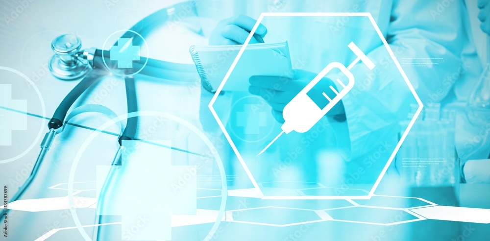 Poster composite image of digital background with scientist device