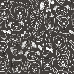 Funny doodle dog icons seamless pattern. Hand drawn pet, kid dra