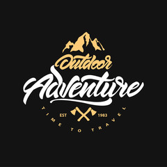 Time to travel. Vintage camping, outdoor adventure emblem.Lettering with axe and mountain. Vector retro label. Logo design templates