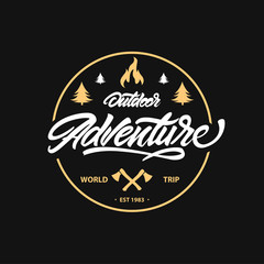 Vintage camping, outdoor adventure emblem.Lettering with axe and bonfire. Vector retro label. Logo design templates