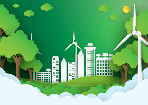 Eco green city.Save the world and environment concept.Urban landscape for green energy paper art style.Vector illustration.