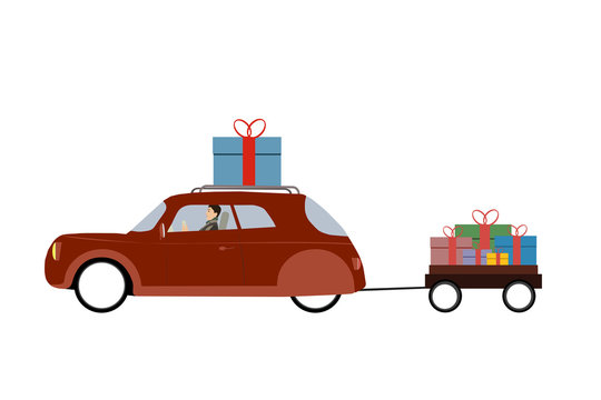 Man is carrying boxes with gifts in the trailer of an old car. White background. Vector illustration