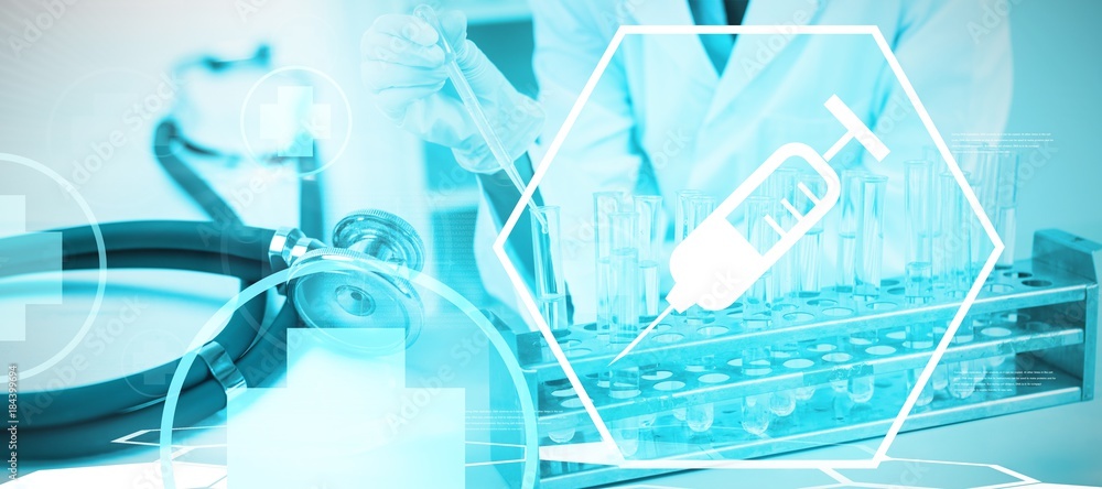 Poster composite image of digital background with scientist device