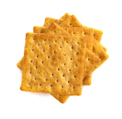 Close up the healthy  whole wheat cracker on white background , top view or overhead shot