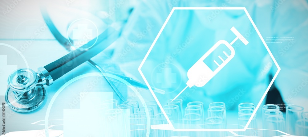 Poster composite image of digital background with scientist device