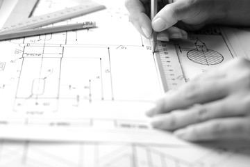 Architect workplace - architectural project, blueprints, ruler. Construction concept. Engineering tools. Science and education 